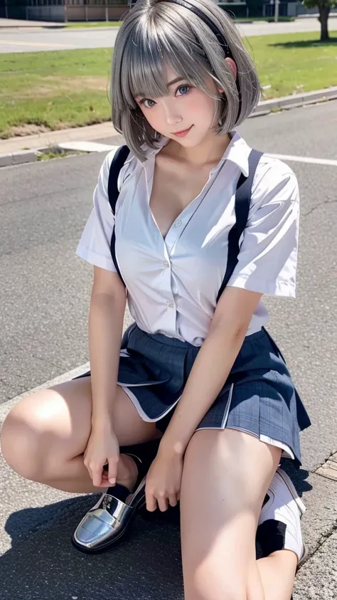 (highest quality),(high resolution),(masterpiece),(High resolution),Real,classroom,whole body,Looking at the camera,((solo)),Japanese,Cute 16 year old girl,((high school girl)):1.5,((Schoolgirl uniform)):1.5.,(Unbutton a white Y-shirt in uniform:1.3),((Bla...