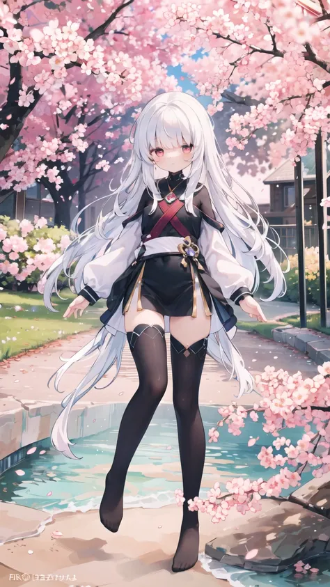 best quality,((masterpiece)),(highres),original,(extremely detailed 8k wallpaper),(an extremely delicate and beautiful),ray tracing,cherry blossoms,wind, 1girl,ojousama,solo,full body,white hair,straight hair,beautiful detailed eyes,red eyes, floating,
