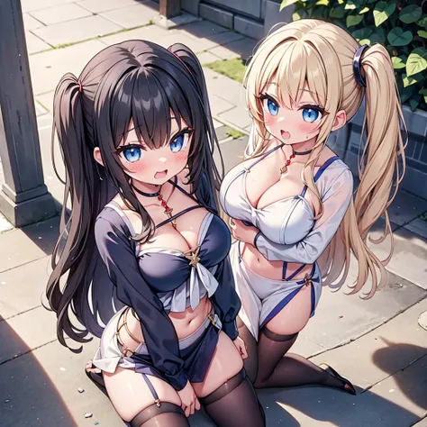 highest quality,wonderful,finely,extremely detailed CG Unity 8K wallpaper, (Stand in line:1.2), (3 girls, cute eyes, Black Hair, side ponytail, clothed), (sparkling eyes:1.2), (huge breasts), (wariza:1.4), (cleavage), (midriff peek:1.2), (open mouth:1.1), ...