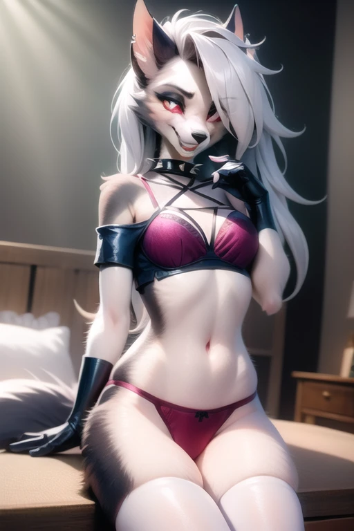 masterpiece, best quality, loona hellhound, red panties, red lacey bra, detailed face, detailed eyes, (slit pupils, white eyes), red sclera, happy, [smile, [spiked collar]], digitigrade, sitting, bedroom, sunny rays 