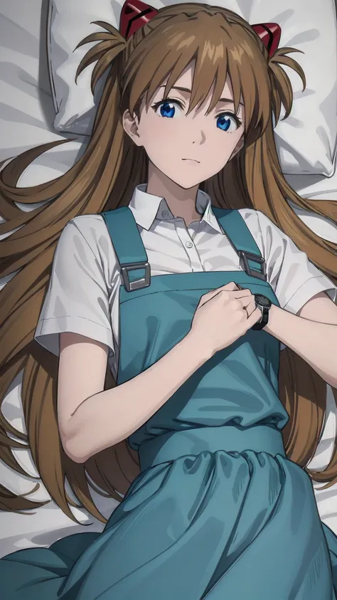 (((Pixel Perfect, Perfect detail))), One Girl, alone, from above, asuka langley soryu, (souryuu asuka langley:1.2), long hair, bangs, blue eyes, brown hair, hair ornament, skirt, shirt, ribbon, , white shirt, short sleeves, blue skirt, suspenders, watch, s...