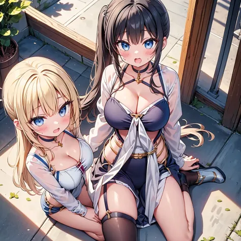 highest quality,wonderful,finely,extremely detailed CG Unity 8K wallpaper, (Stand in line:1.2), (3 girls, cute eyes, Black Hair, side ponytail, clothed), (sparkling eyes:1.2), (huge breasts), (wariza:1.4), (cleavage), (open mouth:1.1), (long tongue:1.1), (...