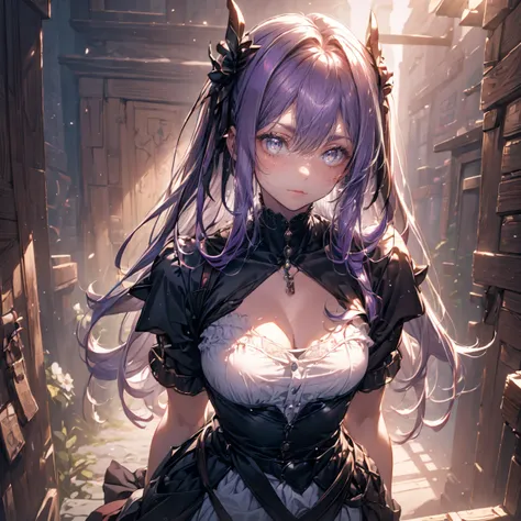 night world, 1 ,,purple hair,huge ahoge, ^ ^, small breasts, light skin, larger clothes,devil,hairstyle with volume