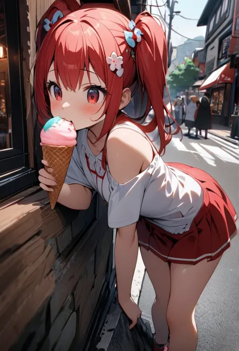 High quality, high definition, hig
h precision images,8k 1 Girl Robot Girl、red hair,Twin tails,Red eyes,Leaning forward Head decoration、Scenery around town, cute red and white cloth, eating ice cream deliciously.Ice cream is stuck around the mouth、Full bod...