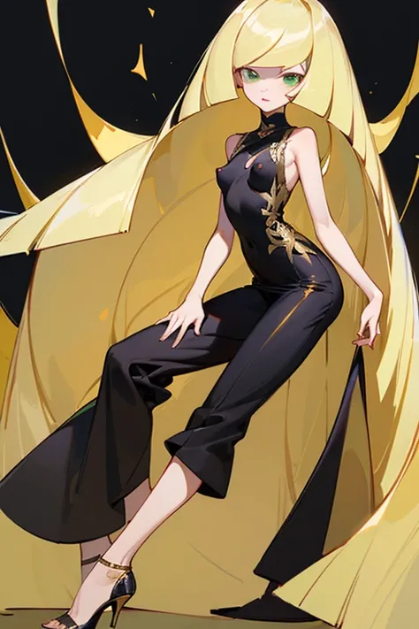 ((highest quality)), ((masterpiece)), (Familiar), Lusamine,thin,thin,Long blonde hair,Small breasts,Erect nipples,Adult female,Green Eyes,Slanted Eyes,Sleeveless dress,Black Dress,Gold embroidery,Pants Style,High heels,Fascinating
