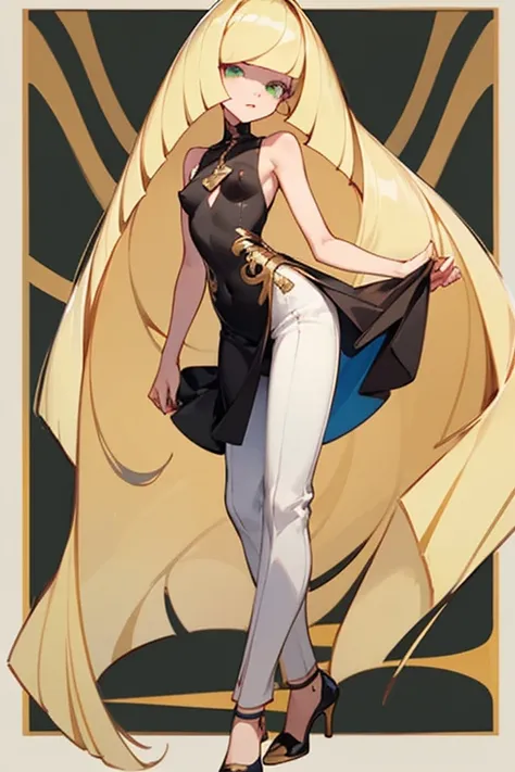 ((highest quality)), ((masterpiece)), (Familiar), Lusamine,thin,thin,Long blonde hair,Small breasts,Erect nipples,Adult female,Green Eyes,Slanted Eyes,Sleeveless dress,Black Dress,Gold embroidery,Pants Style,High heels,Fascinating
