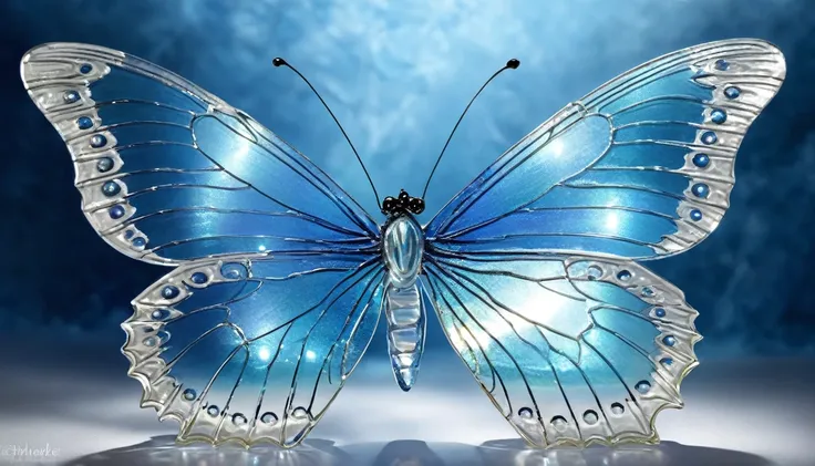 spectacular blue glass butterfly, vibrant colors, delicate wings, intricate details, shimmering reflections, transparent beauty, ethereal glow, intricate patterns, mesmerizing symmetrical design, high resolution, realistic, studio lighting, vivid hues, iri...