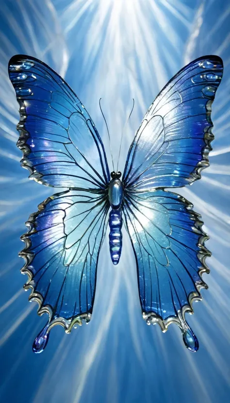 spectacular blue glass butterfly, vibrant colors, delicate wings, intricate details, shimmering reflections, transparent beauty, ethereal glow, intricate patterns, mesmerizing symmetrical design, high resolution, realistic, studio lighting, vivid hues, iri...