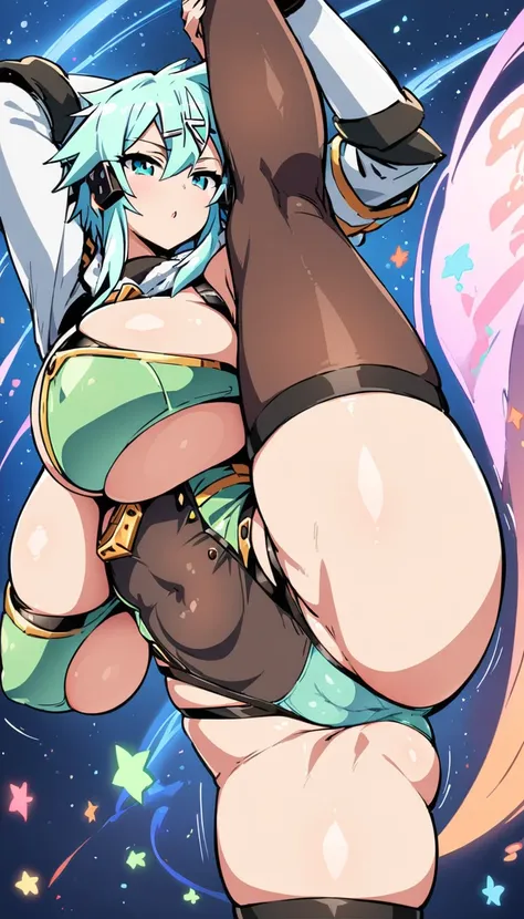 (Standing Split , sinon, fantasy soldier armor, ultra huge breasts, cameltoe, ), (in Kyoto animation style:1.2, ), (space ship background), (masterpiece, best quality, ultra detailed), 