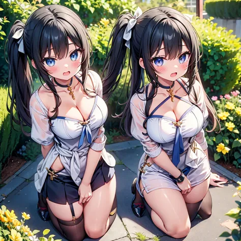 highest quality,wonderful,finely,extremely detailed CG Unity 8K wallpaper, (Stand in line:1.2), (3 girls, cute eyes, Black Hair, side ponytail, clothed), (sparkling eyes:1.2), (midium breasts), (wariza:1.4), (cleavage), (open mouth:1.1), (long tongue:1.1),...