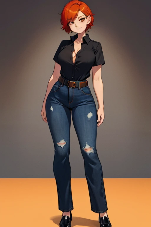 female, red short hair with yellow highlights, orange eyes, (((1girl))), (((black unbuttoned short sleeve shirt))), (orange long sleeve shirt), (black belt), (blue denim jeans), (black flats), cute and sexy, large breasts, large butt, full body, long legs,...