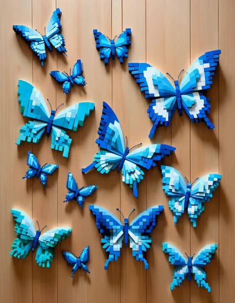 pixel art，australian artist gil bruvel uses colored wood blocks to create voxel blue butterflies