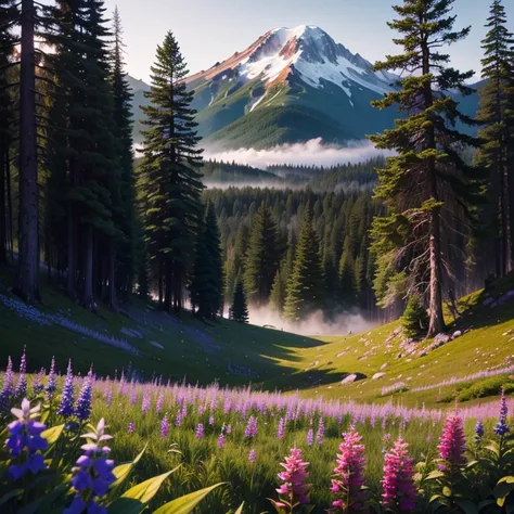 muted colors with a dark grey sky and dense fog in the air. wild flowers covered an alpine meadow everywhere with tall trees in the background. a mountain scene of washington state in rainier national park with wild indigo and white larkspur flowers coveri...