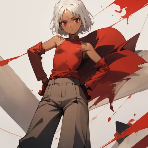 ((highest quality)), ((masterpiece)), (Familiar), Canaan, 1 girl, alone, Silver Hair,Brown Skin,Red eyes,Long trousers,Red sleeveless, thin,thin,short hair,Small breasts, Erect nipples,  gloves, Hands on hips,Long coat