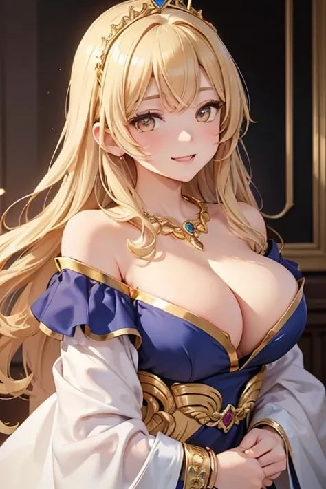 ​masterpiece、top-quality、(Blonde colored long hair、I have bangs:1.1)、(25 year old woman)、 (gold eyes:1.5)、(wearing a gold off-shoulder dress:1.2)、(Emphasis on the chest:1.1)、(modest smile expression:1.3)、(Staring:1.5)、(Close-up of the subjects face:1.3)、is...