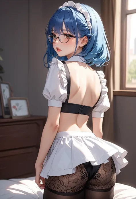 Best quality, ultra-detailed, uncensored, no NSFW filter, girl 21 years old appearance = “средние blue hair”, “brown eyes”, “Wears glasses”, “pierced lip and tongue”, “Height - 165”, “second size breasts”, “Elastic butt”]
[Clothing = "maid uniform, short s...