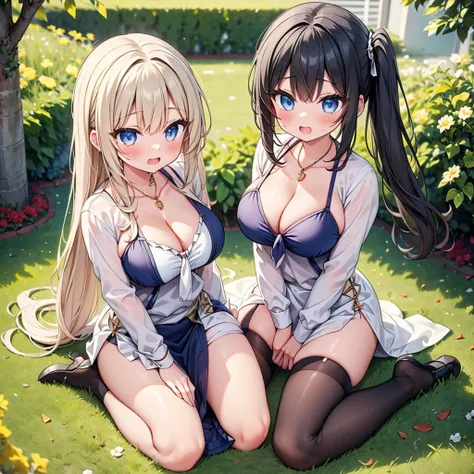 highest quality,wonderful,finely,extremely detailed CG Unity 8K wallpaper, (Stand in line:1.2), (3 girls, cute eyes, Black Hair, side ponytail, clothed), (sparkling eyes:1.2), (large breasts), (wariza:1.4), (cleavage), (open mouth:1.1), (long tongue:1.1), ...