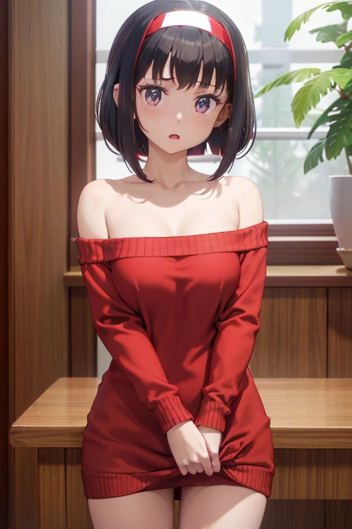 masterpiece, yor, 1girl, solo, looking at viewer, open mouth, black hair, red eyes, dress, bare shoulders, jewelry, collarbone, sidelocks, hairband, earrings, indoors, off shoulder, :o, sweater, arms behind back, plant, short hair with long locks, white ha...