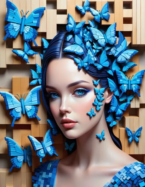 pixel art，australian artist gil bruvel uses colored wood blocks to create voxel blue butterflies，(solo)