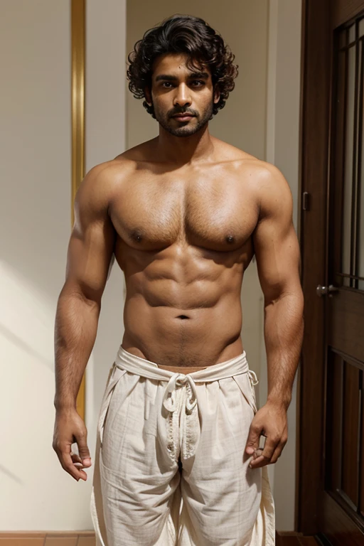 a handsome indian man with 6 packs and curly hair, wearing bengali style dhoti