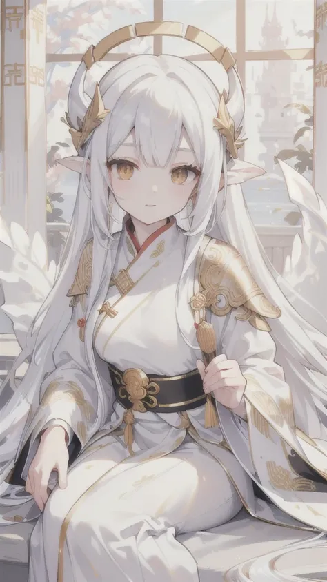 (best quality, highres, ultra-detailed:1.2), beautiful long white hair, stunning golden eyes, silver Hanfu armor, intricately designed white folding fan, white dragon horns, ethereal lighting, soft color palette