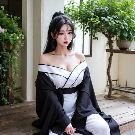 Woman wearing a black off-the-shoulder kimono,There were four men wearing white yukata sitting behind them.