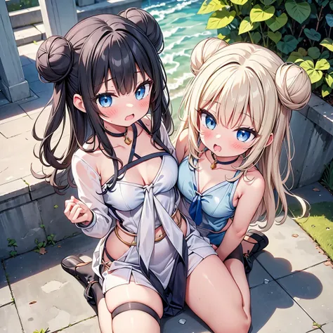 highest quality,wonderful,finely,extremely detailed CG Unity 8K wallpaper, (Stand in line:1.2), (3 girls, cute eyes, Black Hair, Blue Eyes, double bun, clothed), (sparkling eyes:1.2), (small breasts), (wariza:1.4), (cleavage), (open mouth:1.1), (long tongu...