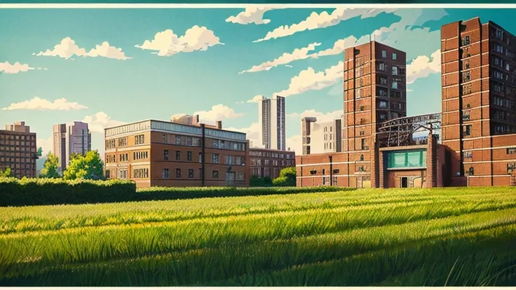 Anime Style,highest quality, masterpiece,field,Retro townscape,  iris, Brick,Simple Background, classical