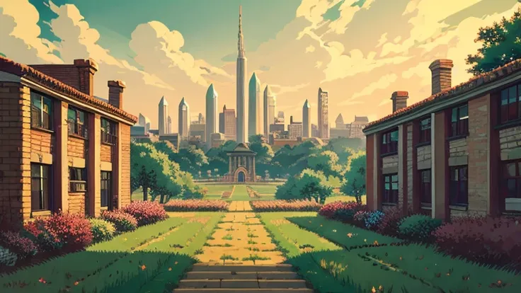 Anime Style,highest quality, masterpiece,field,Retro townscape,  Fantasy, Brick,Simple Background, classical