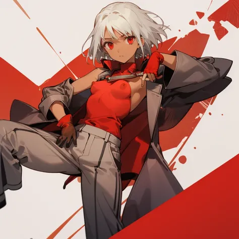 ((highest quality)), ((masterpiece)), (Familiar), Canaan, 1 girl, alone, Silver Hair,Brown Skin,Red eyes,Long trousers,Red sleeveless, thin,thin,short hair,Small breasts, Erect nipples,  gloves, Long coat