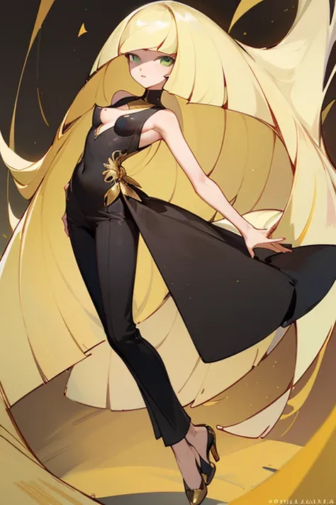 ((highest quality)), ((masterpiece)), (Familiar), Lusamine,thin,thin,Long blonde hair,Small breasts,Erect nipples,Adult female,Green Eyes,Slanted Eyes,Sleeveless dress,Black Dress,Gold embroidery,Pants Style,High heels,Fascinating
