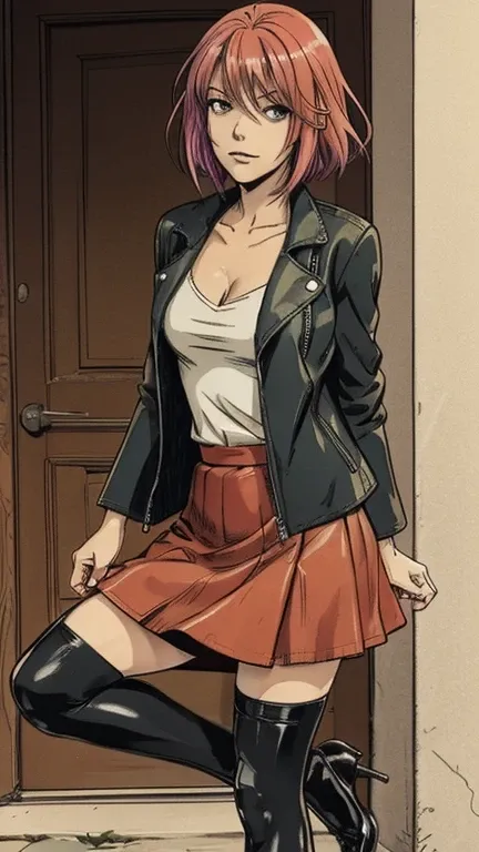 An anime woman with colored hair,desperation expression, helpless pose,leather jacket, skirt, stockings, heels, full body,