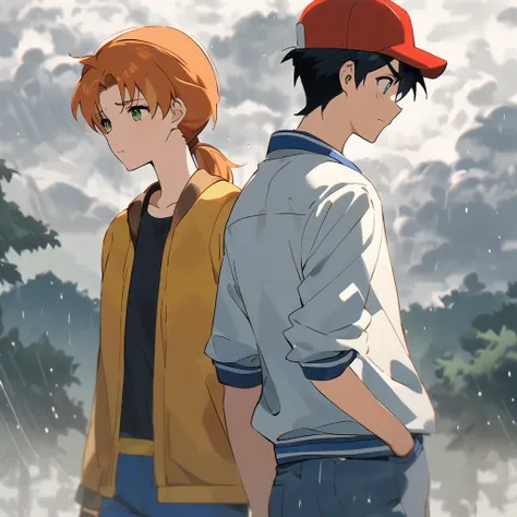 ash ketchum, red baseball cap, open blue jacket, black t-shirt, white jacket neck, white short sleeves jacket, blue jeans, green fingerless gloves, black hair, his brown eyes arent seen, head down

misty pokémon, orange hair, green eyes, side ponytail, yel...