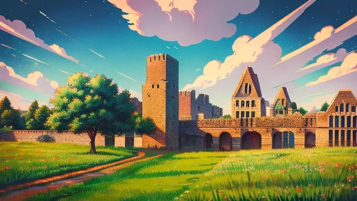 Anime Style,highest quality, masterpiece,field,Retro townscape,  Fantasy, Brick,Fantastic background, classical