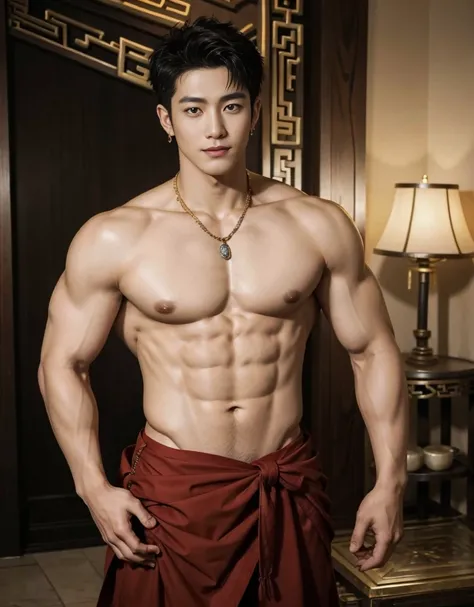  2 handsome boy tibetan , naked, smiling, catching eyes , Chinese Men God, Mythology, realistic, Chinese odyssy, super Handsome,manly,  kpop idol, handsome korean actor, 20 years old,, detailed face, manly jawline, manly chin, detailed mess curly styling h...