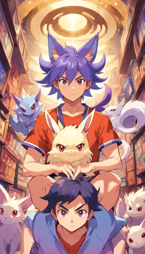 1 chico, enfoque masculino, pelo negro alborotado tenencia,  Espeon, Ninetales and Dratini are on his shoulders., en un gimnasio pokemon, reflejos especulares, cara detallada, ojos detallados,