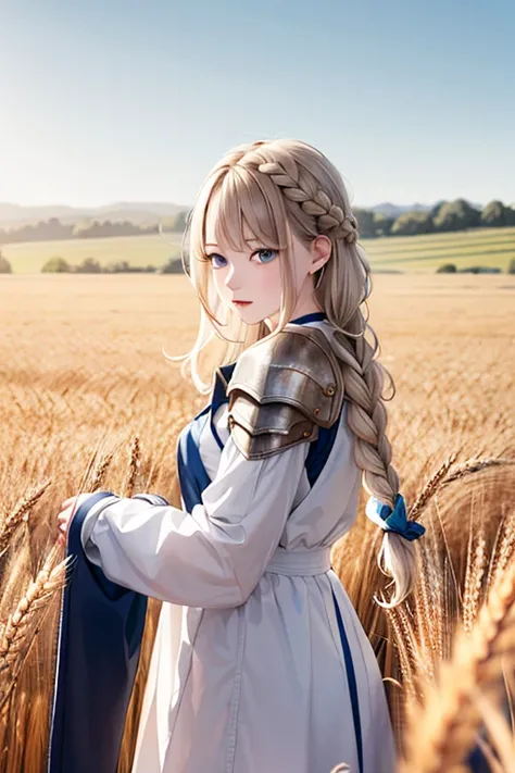 White clothes with blue trim、Blonde、blue eyes、Braided Hair、Hair in braids、Fair skin、The background is a wheat field、Shining wheat field、Daytime、Far and high sky、Hand guard、armor、long hair、