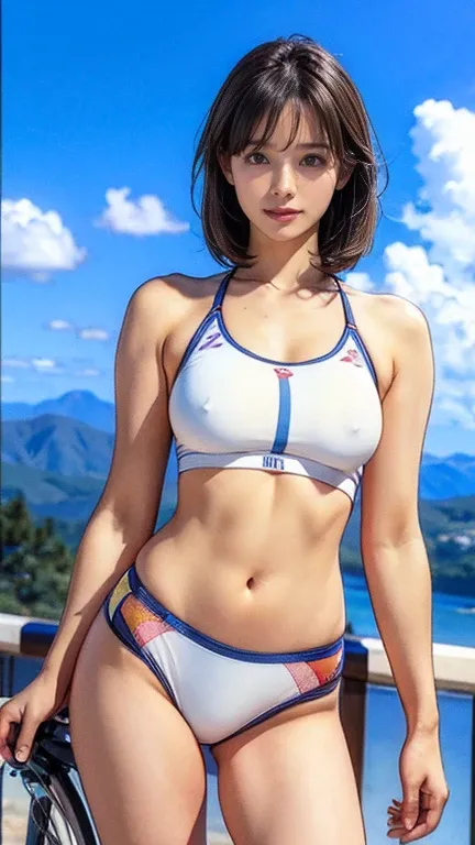  (girl, 22 years ago, same height :1.2) ,masterpiece，Mountain bike，cycling enthusiast，beautiful 、girl riding a bicycle、often play sports、bikini pants、not wearing underwear、blue sky and white clouds，8K,  japanese girl ,  (smile:0.7), smile,  very short hair...