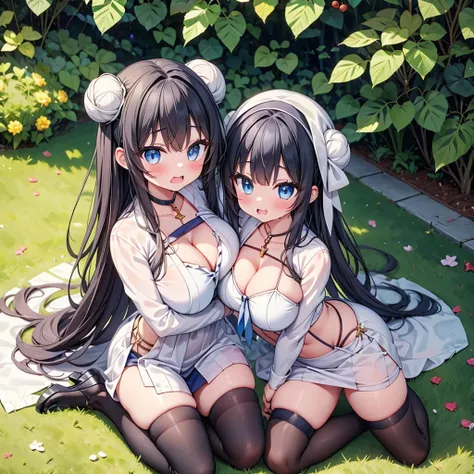 highest quality,wonderful,finely,extremely detailed CG Unity 8K wallpaper, (Stand in line:1.2), (3 girls, cute eyes, Black Hair, Blue Eyes, double bun, clothed), (sparkling eyes:1.2), (huge breasts), (wariza:1.4), (cleavage), (open mouth:1.1), (long tongue...