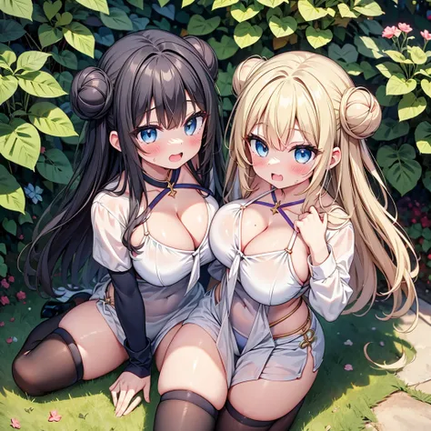 highest quality,wonderful,finely,extremely detailed CG Unity 8K wallpaper, (Stand in line:1.2), (3 girls, cute eyes, Black Hair, Blue Eyes, double bun, clothed), (sparkling eyes:1.2), (huge breasts:1.2), (wariza:1.4), (cleavage), (open mouth:1.1), (long to...