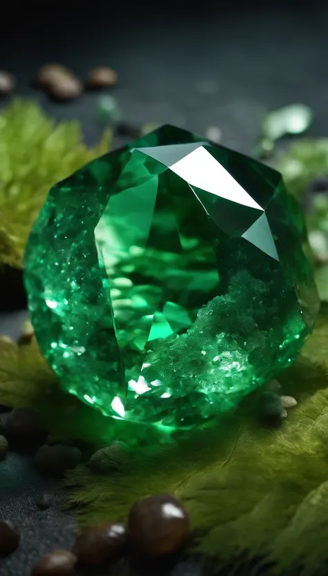 (Outstanding、Professional、Surreal) gem stone green crystal, magical texture, Lying on the ground, realistic shape, detailed. 