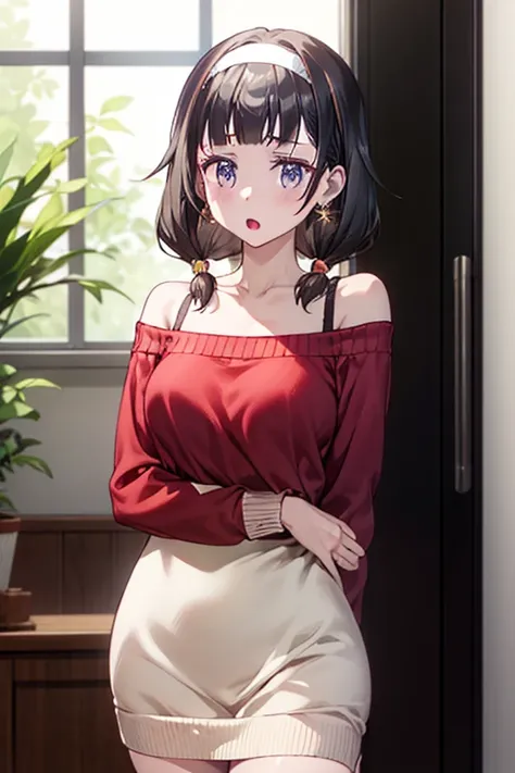 masterpiece, yor, 1girl, solo, looking at viewer, open mouth, black hair, red eyes, dress, bare shoulders, jewelry, collarbone, sidelocks, hairband, earrings, indoors, off shoulder, :o, sweater, arms behind back, plant, short hair with long locks, white ha...