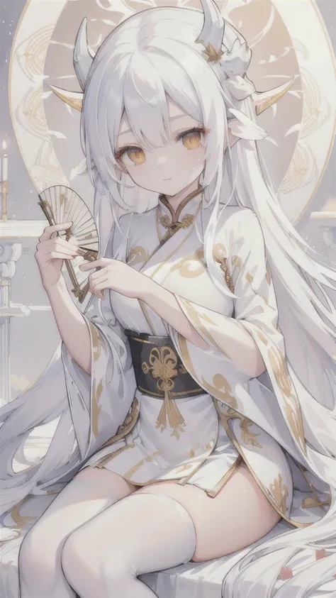 (best quality, highres, ultra-detailed:1.2), beautiful long white hair, stunning golden eyes, silver Hanfu armor, intricately designed white folding fan, white dragon horns, ethereal lighting, soft color palette, white stockings