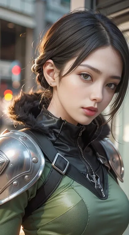 Beautiful surreal photos：Japanese cyberpunk female smile cute, Wear (((Cyberpunk Armor))), (((combat sling))), Invisible cyberpunk hairstyle, Elegant Posture, Cyberpunk street background, Abstract Beauty, Almost perfect, pure forms, Golden Ratio, Minimalis...