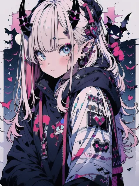 (best quality, masterpiece:1.2),2girls,niji,platinum white hair,moonlight eyes,oni horns,neon theme,looking at viewer,hood,punk fashion,heart,Harajuku-inspired shirt,pointy ears,demon girl,solo,shirt,long hair,