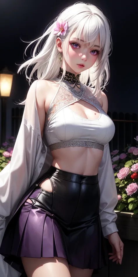 realistic, 1girl, white hair, purple eyes, glowing eyes, crop top, skirt, parted lips, blush, night, flowers, sun, sunlight,