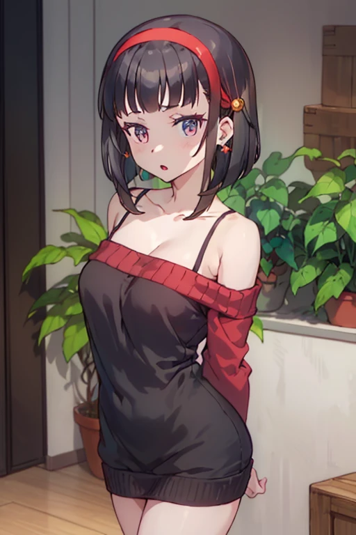 masterpiece, yor, 1girl, solo, looking at viewer, open mouth, black hair, red eyes, dress, bare shoulders, jewelry, collarbone, sidelocks, hairband, earrings, indoors, off shoulder, :o, sweater, arms behind back, plant, short hair with long locks, white ha...