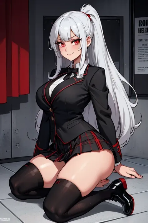 female, silver long hair with black highlights, red eyes, (((1girl))), (((red high school blazer with black trim))), (white shirt), (black tie), (black plaid skirt), (white thigh high socks), (black dress shoes), cute and sexy, full body, large breasts, la...