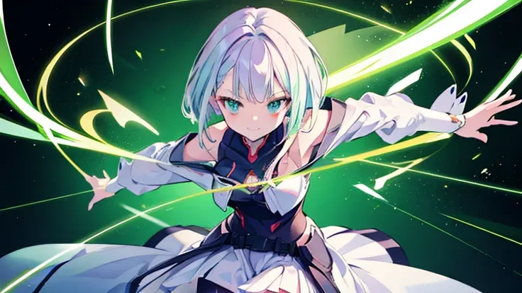 Anime Style,highest quality, masterpiece,green and white  hair,  iris,Simple Background,One Girl, Exciting movement,Classic