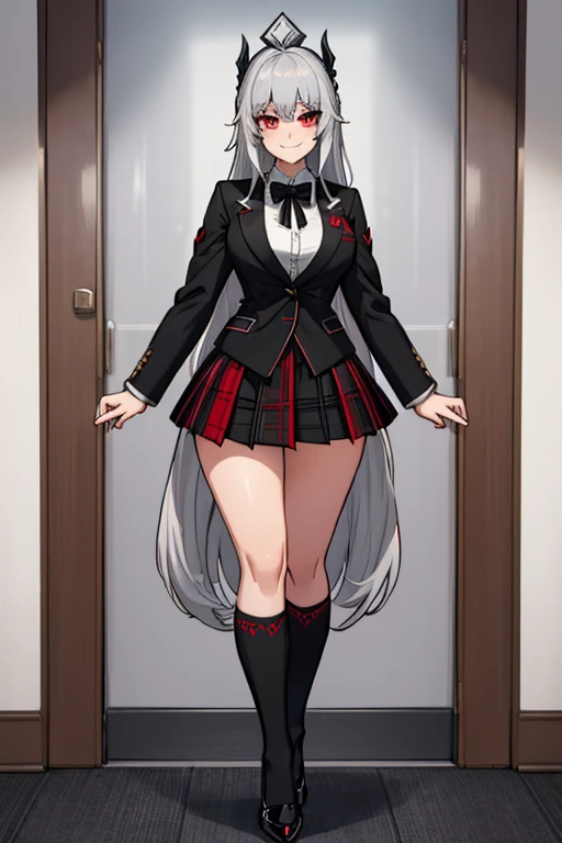 female, silver long hair with black highlights, red eyes, (((1girl))), (((red high school blazer with black trim))), (white shirt), (black tie), (black plaid skirt), (white thigh high socks), (black dress shoes), cute and sexy, full body, large breasts, la...